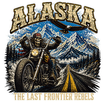 A gritty alaska skull biker png design showing a skeletal rider, eagle, and snowy peaks for bold custom apparel.