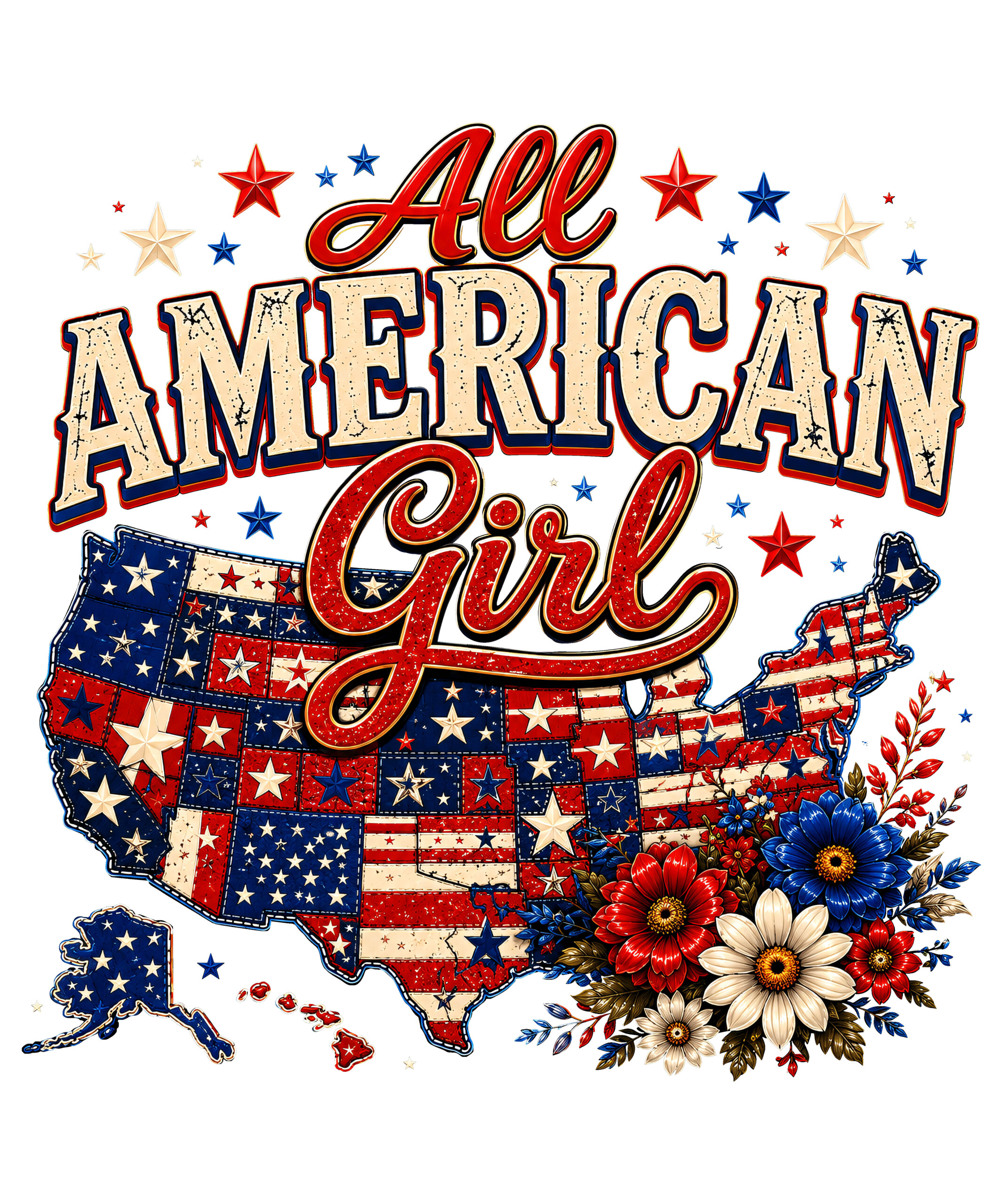 A vintage floral patchwork design featuring the United States map, perfect for your all american girl map png sublimation projects.
