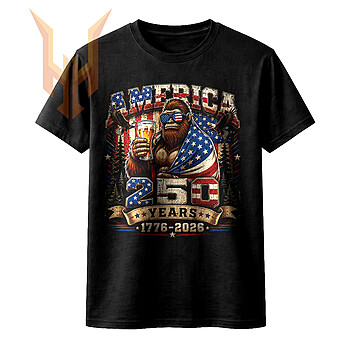 A hilarious vintage graphic of a patriotic sasquatch holding a drink for the america 250 bigfoot beer png design.
