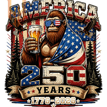 A hilarious vintage graphic of a patriotic sasquatch holding a drink for the america 250 bigfoot beer png design.