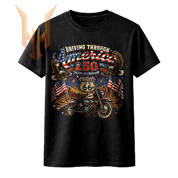 A vintage patriotic illustration featuring a classic motorcycle, soaring eagles, and American flags, available as the america 250 route 66 png for digital download.