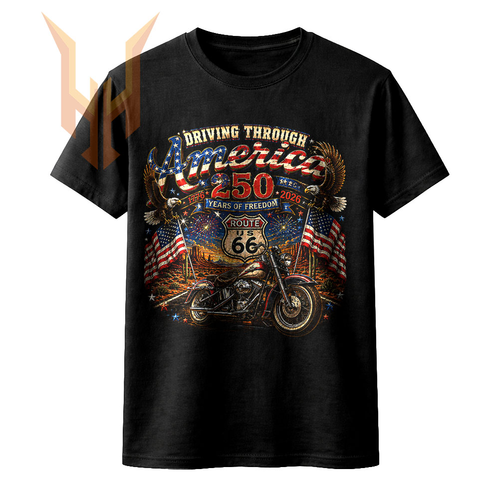 A vintage patriotic illustration featuring a classic motorcycle, soaring eagles, and American flags, available as the america 250 route 66 png for digital download.