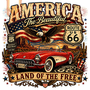 A highly detailed, distressed illustration featuring a motorcyclist on the open road with fireworks, perfect for creators needing an america 250 route 66 png.