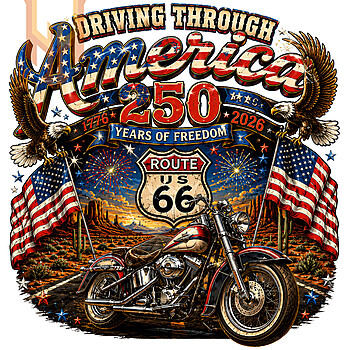 A vintage patriotic illustration featuring a classic motorcycle, soaring eagles, and American flags, available as the america 250 route 66 png for digital download.