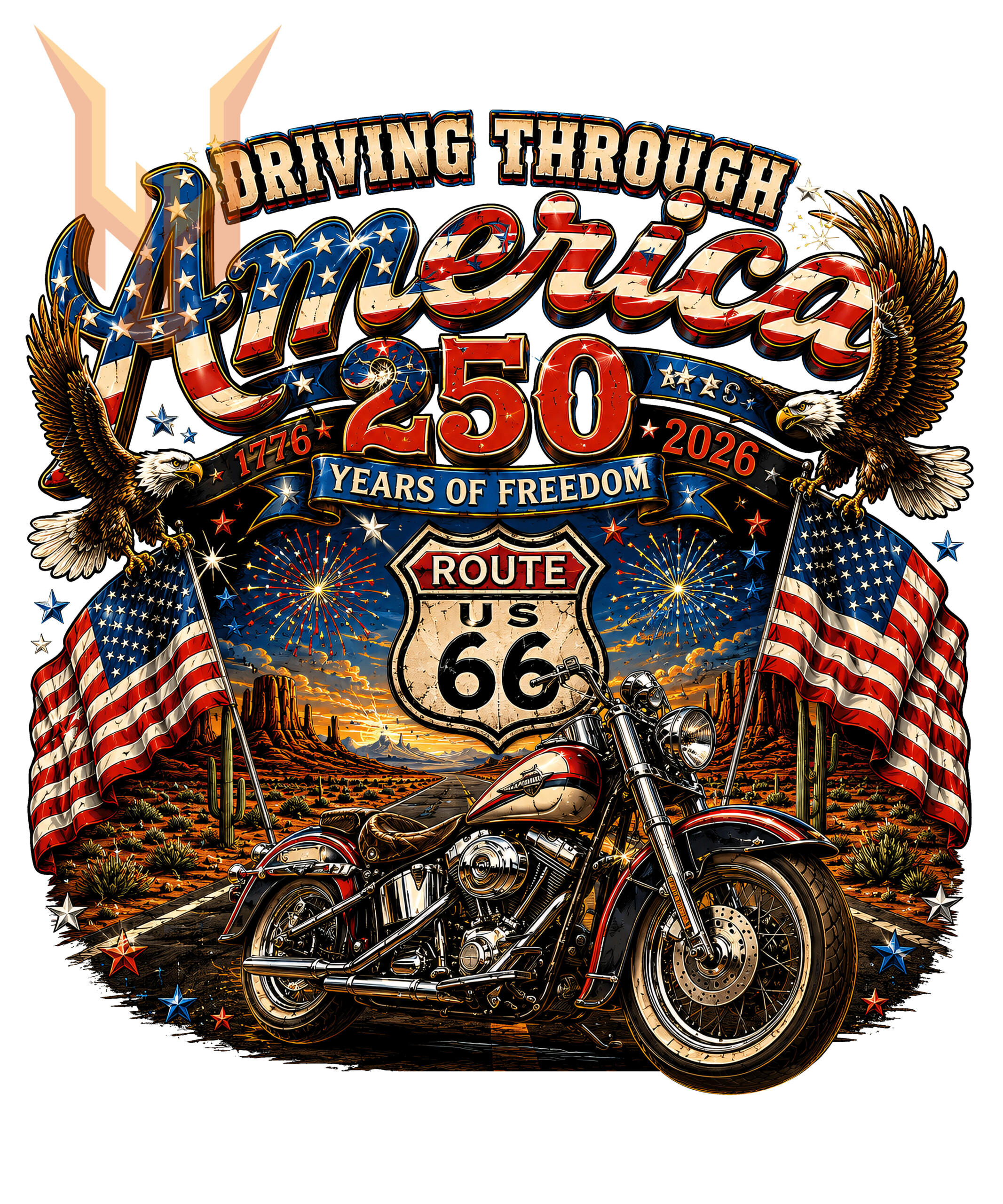 A vintage patriotic illustration featuring a classic motorcycle, soaring eagles, and American flags, available as the america 250 route 66 png for digital download.