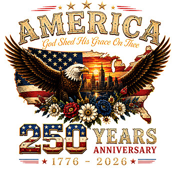 A vintage distressed illustration of a bald eagle soaring over a USA map with a sunset city and floral base, featuring the america 250 years anniversary png design.