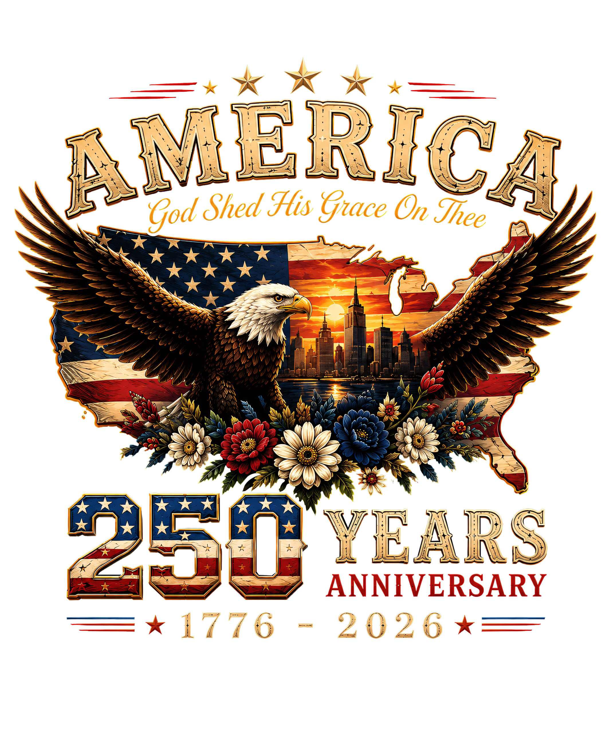 A vintage distressed illustration of a bald eagle soaring over a USA map with a sunset city and floral base, featuring the america 250 years anniversary png design.
