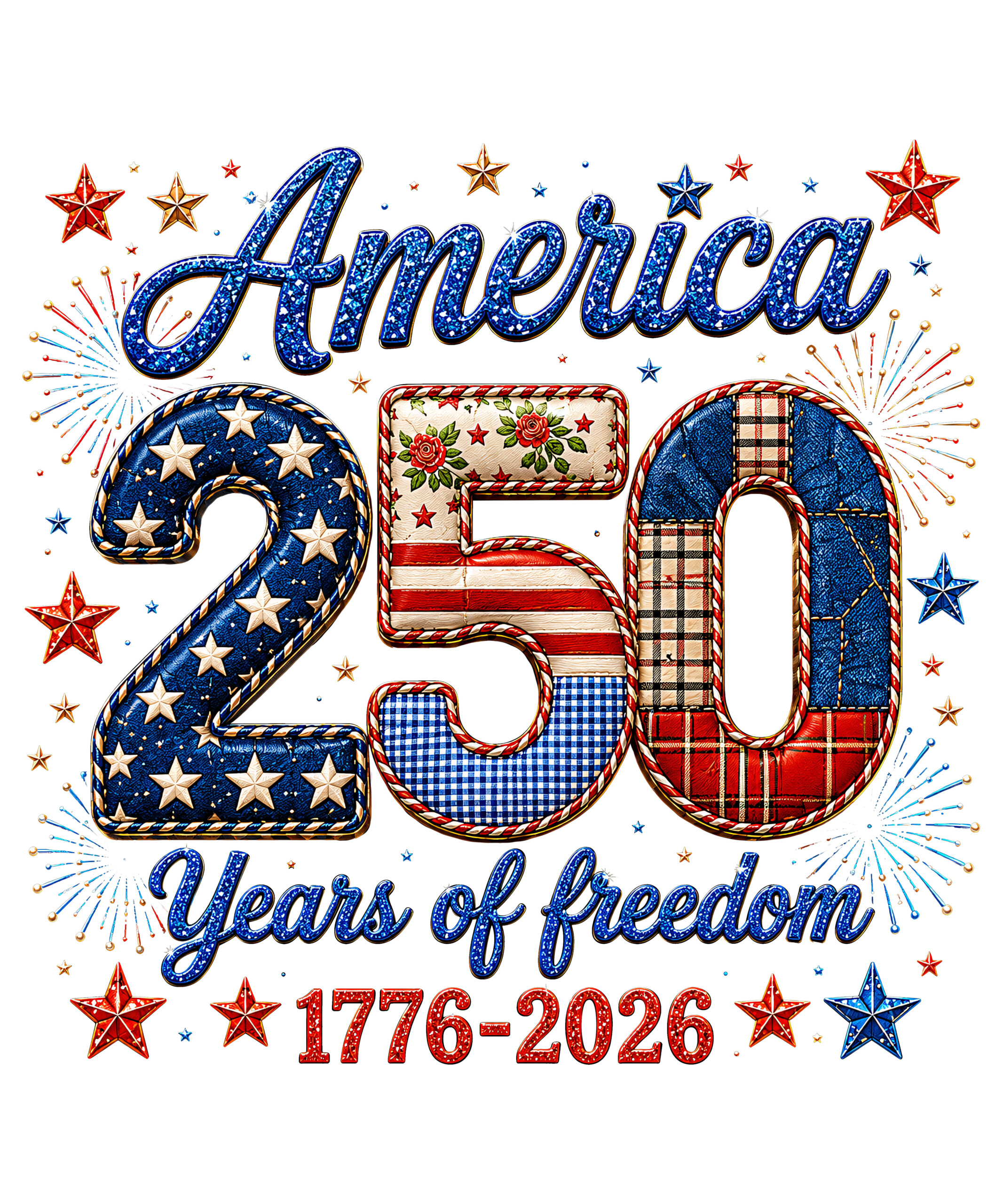 A beautiful vintage patchwork design celebrating the 2026 semiquincentennial, perfect for your america 250 years of freedom png sublimation projects.