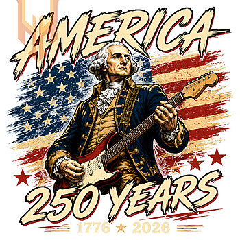 An epic, high-resolution vintage graphic of George Washington playing an electric guitar, featuring the america 250 years png design for print on demand.