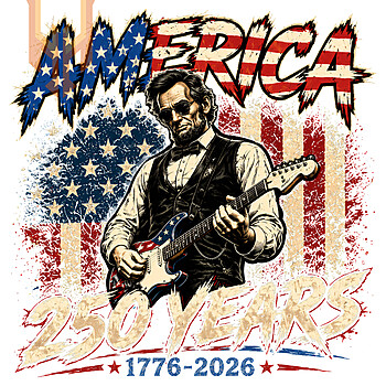 An epic, high-resolution distressed graphic of Abraham Lincoln playing an electric guitar, featuring the america 250 years png design for print on demand.