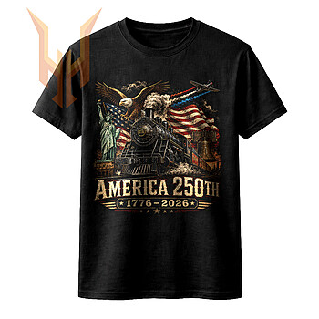 A nostalgic and gritty illustration of a patriotic steam train and soaring eagle for the america 250th 1776-2026 png graphic.