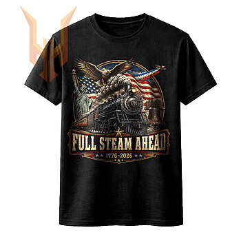A visually striking vintage illustration of a steam train, bald eagle, Statue of Liberty, and American flag for the america 250th 1776-2026 png design.