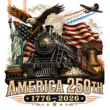 A nostalgic and gritty illustration of a patriotic steam train and soaring eagle for the america 250th 1776-2026 png graphic.