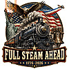 A visually striking vintage illustration of a steam train, bald eagle, Statue of Liberty, and American flag for the america 250th 1776-2026 png design.