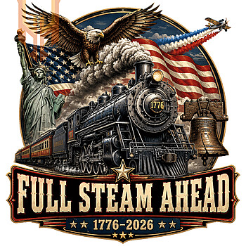A visually striking vintage illustration of a steam train, bald eagle, Statue of Liberty, and American flag for the america 250th 1776-2026 png design.