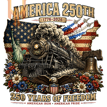 A detailed vintage illustration of a locomotive, eagle, and Statue of Liberty, perfect for the america 250th freedom train png collection.