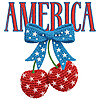 A vibrant faux crochet style design featuring the word America with red and blue star-spangled cherries tied with a bow, perfect for your america coquette cherries png sublimation projects.