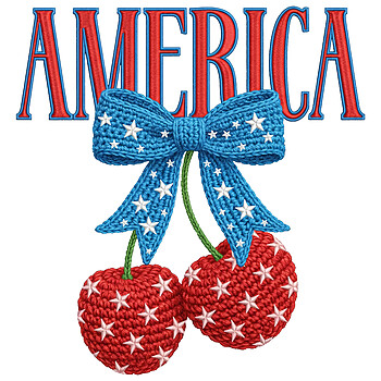 A vibrant faux crochet style design featuring the word America with red and blue star-spangled cherries tied with a bow, perfect for your america coquette cherries png sublimation projects.