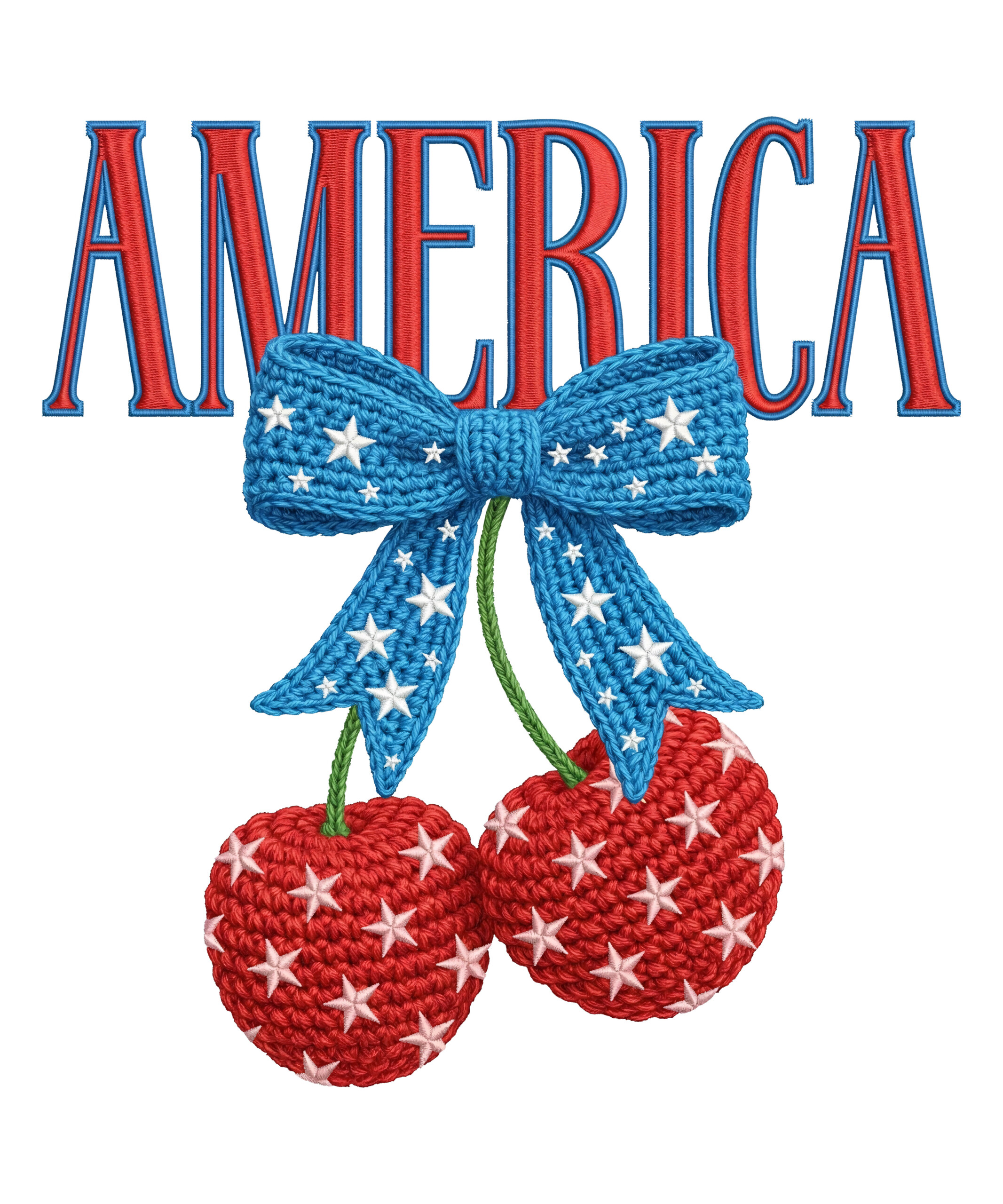 A vibrant faux crochet style design featuring the word America with red and blue star-spangled cherries tied with a bow, perfect for your america coquette cherries png sublimation projects.