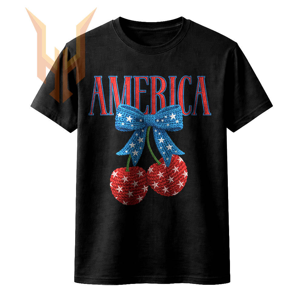 A vibrant faux crochet style design featuring the word America with red and blue star-spangled cherries tied with a bow, perfect for your america coquette cherries png sublimation projects.