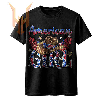 A sparkling rhinestone american girl hat png featuring a tooled leather cowboy hat with wings, leopard print stars, and patriotic typography.