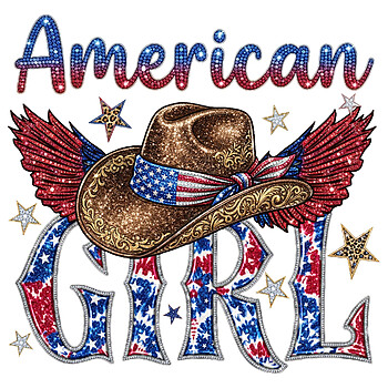 A sparkling rhinestone american girl hat png featuring a tooled leather cowboy hat with wings, leopard print stars, and patriotic typography.