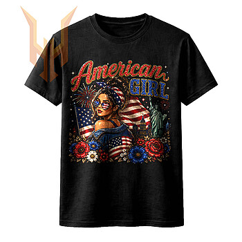 A vintage retro design featuring a patriotic woman with sunglasses and the Statue of Liberty, perfect for your american girl messy bun png sublimation projects.