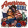 A vintage retro design featuring a patriotic woman with sunglasses and the Statue of Liberty, perfect for your american girl messy bun png sublimation projects.