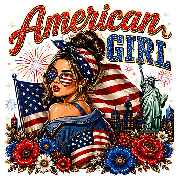 A vintage retro design featuring a patriotic woman with sunglasses and the Statue of Liberty, perfect for your american girl messy bun png sublimation projects.