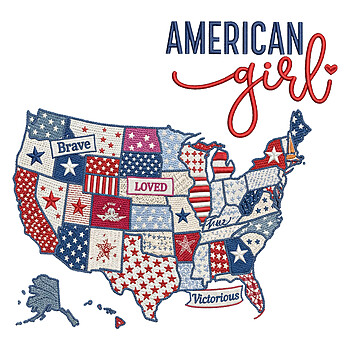 A beautiful patchwork design featuring the United States with empowering words, perfect for your american girl usa map png sublimation projects.