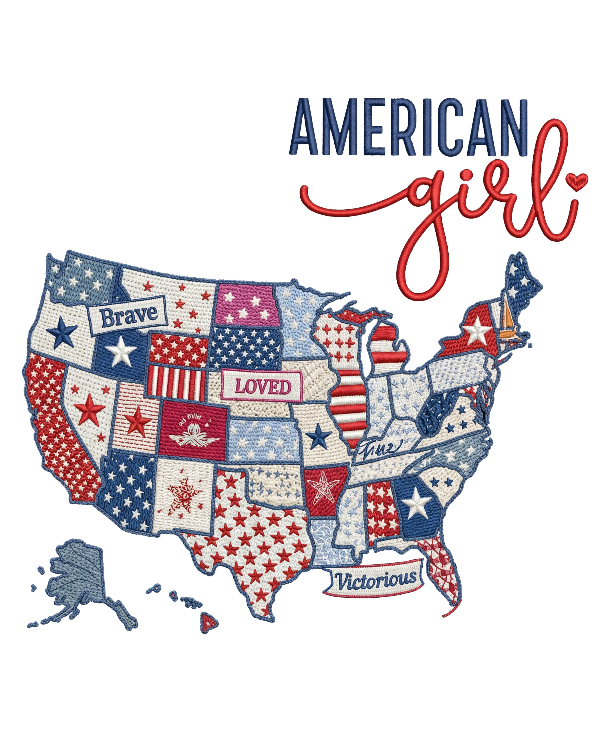 A beautiful patchwork design featuring the United States with empowering words, perfect for your american girl usa map png sublimation projects.