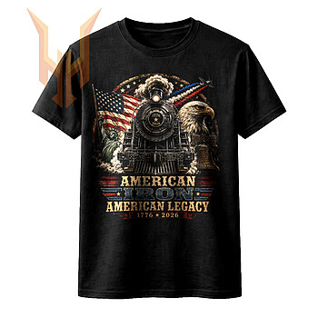 A powerful vintage illustration of a steam train, bald eagle, and Statue of Liberty for the american iron legacy png design.