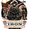 A powerful vintage illustration of a steam train, bald eagle, and Statue of Liberty for the american iron legacy png design.