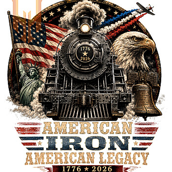 A powerful vintage illustration of a steam train, bald eagle, and Statue of Liberty for the american iron legacy png design.