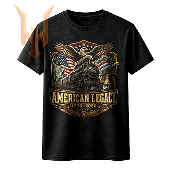 A highly detailed vintage crest featuring a bald eagle, train, and Statue of Liberty for the american legacy 1776-2026 png design.