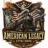 A highly detailed vintage crest featuring a bald eagle, train, and Statue of Liberty for the american legacy 1776-2026 png design.