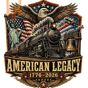 A highly detailed vintage crest featuring a bald eagle, train, and Statue of Liberty for the american legacy 1776-2026 png design.