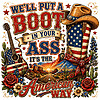 A stunning vintage american way boot png featuring a patriotic cowboy boot, an American flag guitar, and a scenic desert highway.