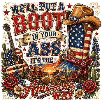 A stunning vintage american way boot png featuring a patriotic cowboy boot, an American flag guitar, and a scenic desert highway.