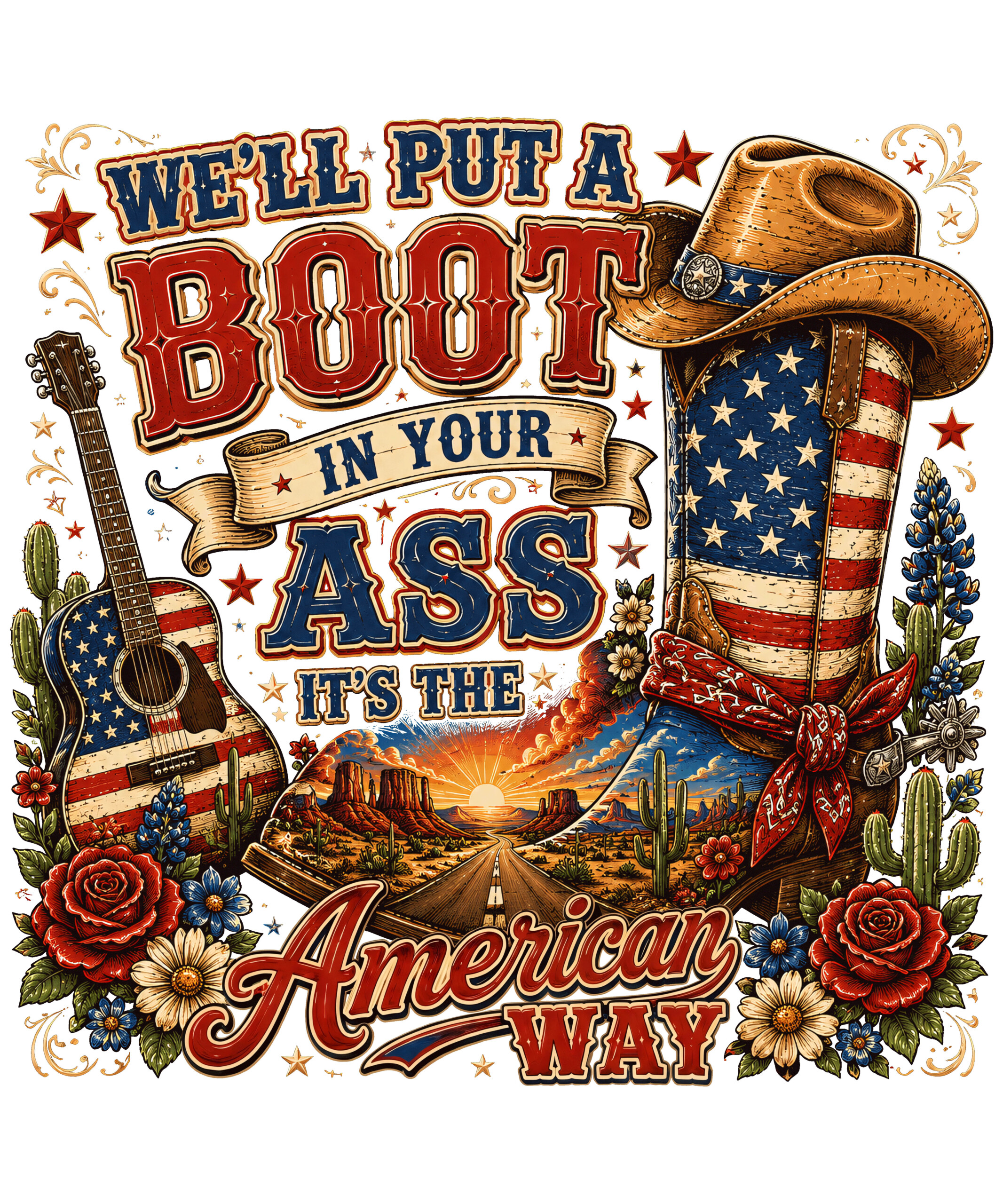 A stunning vintage american way boot png featuring a patriotic cowboy boot, an American flag guitar, and a scenic desert highway.