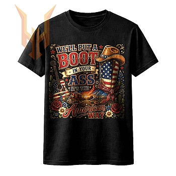 A stunning vintage american way boot png featuring a patriotic cowboy boot, an American flag guitar, and a scenic desert highway.
