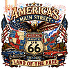 A vibrant patriotic design featuring classic cars, a bald eagle, and the US map, available as the americas main street route 66 png for digital download.