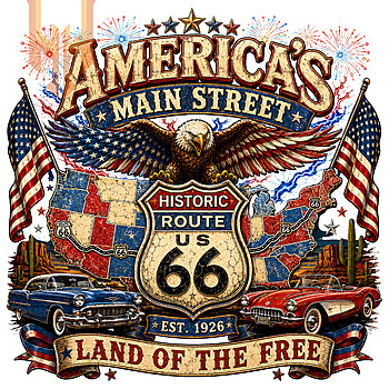 A vibrant patriotic design featuring classic cars, a bald eagle, and the US map, available as the americas main street route 66 png for digital download.