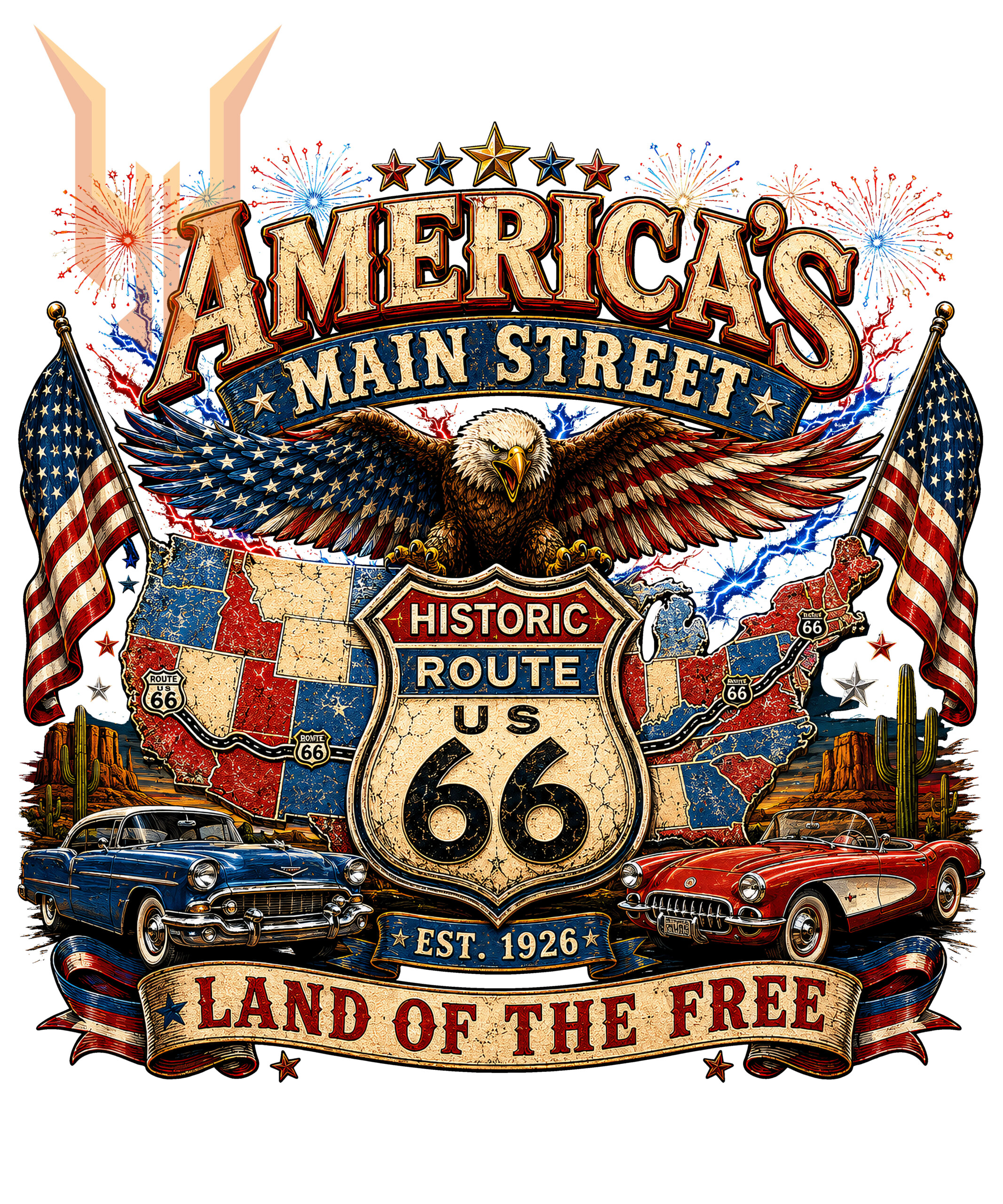 A vibrant patriotic design featuring classic cars, a bald eagle, and the US map, available as the americas main street route 66 png for digital download.