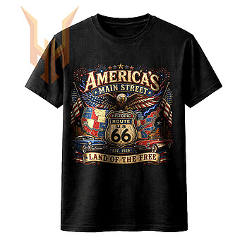 A vibrant patriotic design featuring classic cars, a bald eagle, and the US map, available as the americas main street route 66 png for digital download.