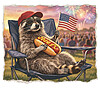 A hyper-realistic graphic of a cool raccoon in a camp chair eating, highlighting the bad day to be a hot dog png design.