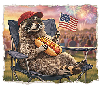 A hyper-realistic graphic of a cool raccoon in a camp chair eating, highlighting the bad day to be a hot dog png design.