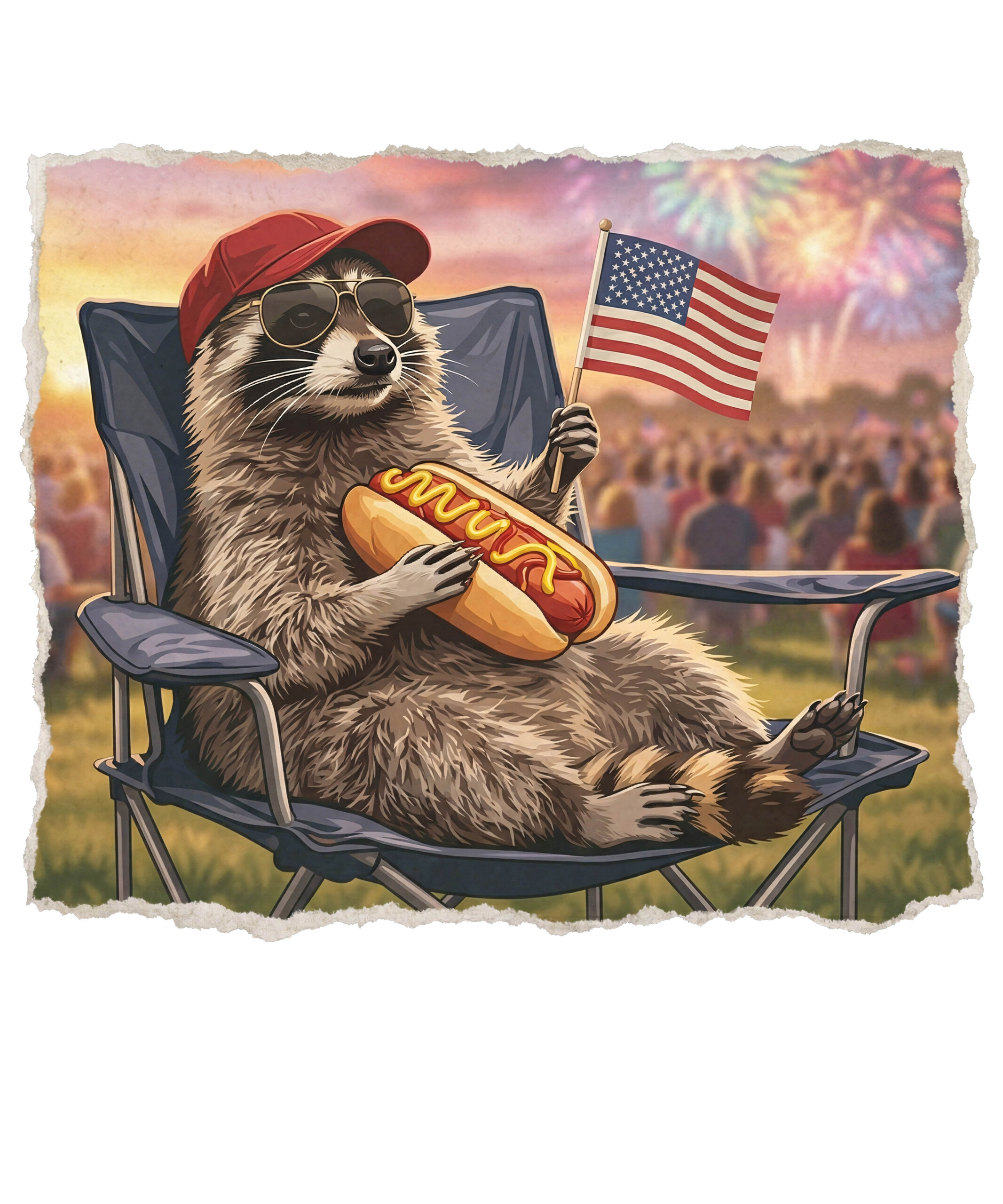 A hyper-realistic graphic of a cool raccoon in a camp chair eating, highlighting the bad day to be a hot dog png design.