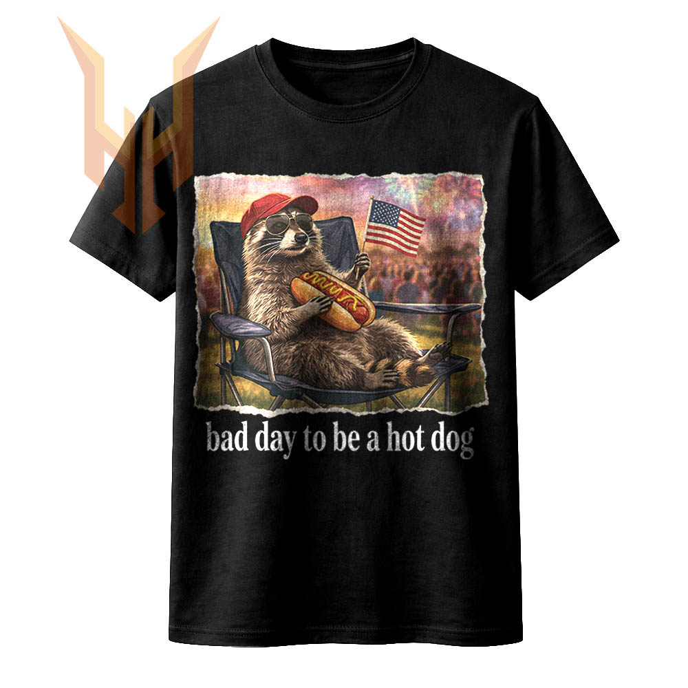A hyper-realistic graphic of a cool raccoon in a camp chair eating, highlighting the bad day to be a hot dog png design.