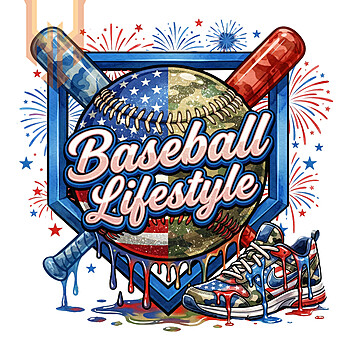 A dynamic dripping sports graphic featuring crossed bats, a sneaker, and a split flag design, ideal for creators needing a baseball lifestyle camo png.